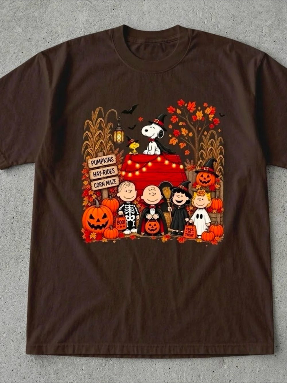 Snoopy Peanuts Gang Pumpkin Patch Corn Maze Fall Brown T-Shirt